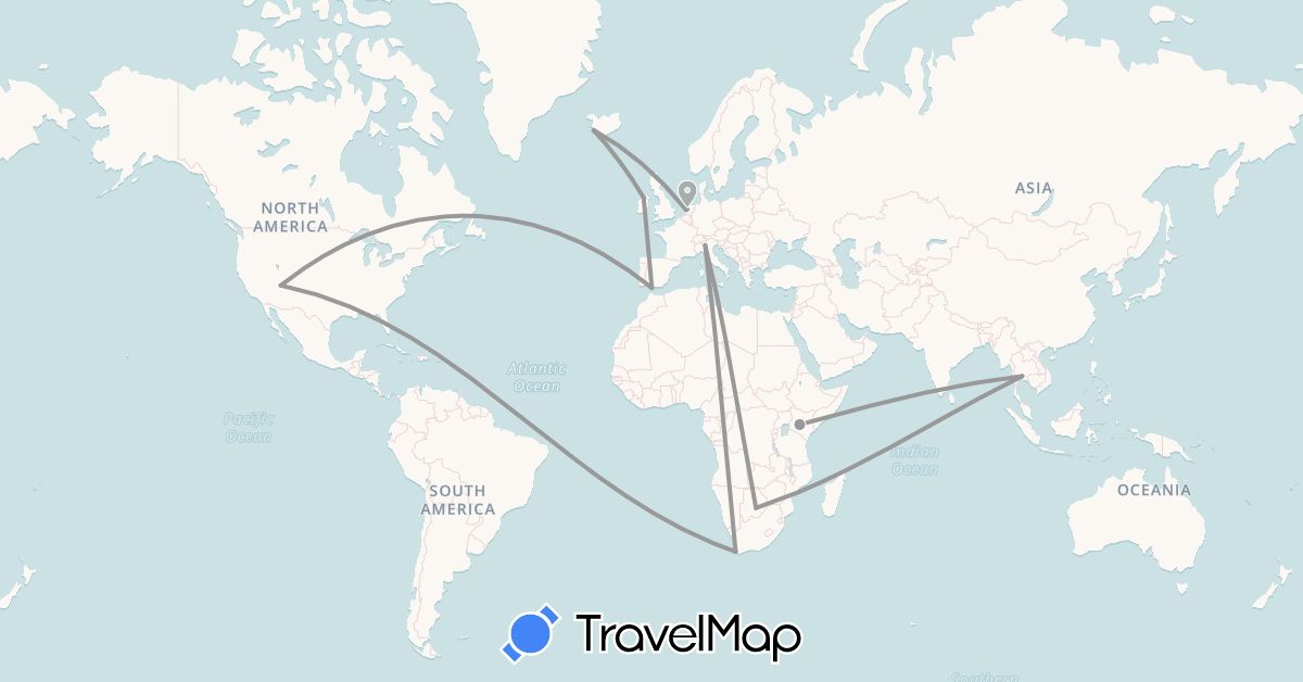 TravelMap itinerary: driving, plane in Botswana, Spain, United Kingdom, Iceland, Italy, Kenya, Netherlands, Thailand, United States, South Africa (Africa, Asia, Europe, North America)
